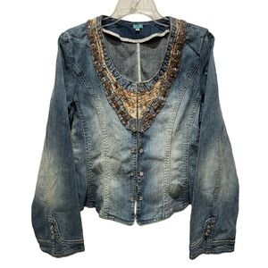 Y2K Sz M-L Denim Jacket Western Equestrian Bohemian Beaded Cowgirl Hoedown Folk